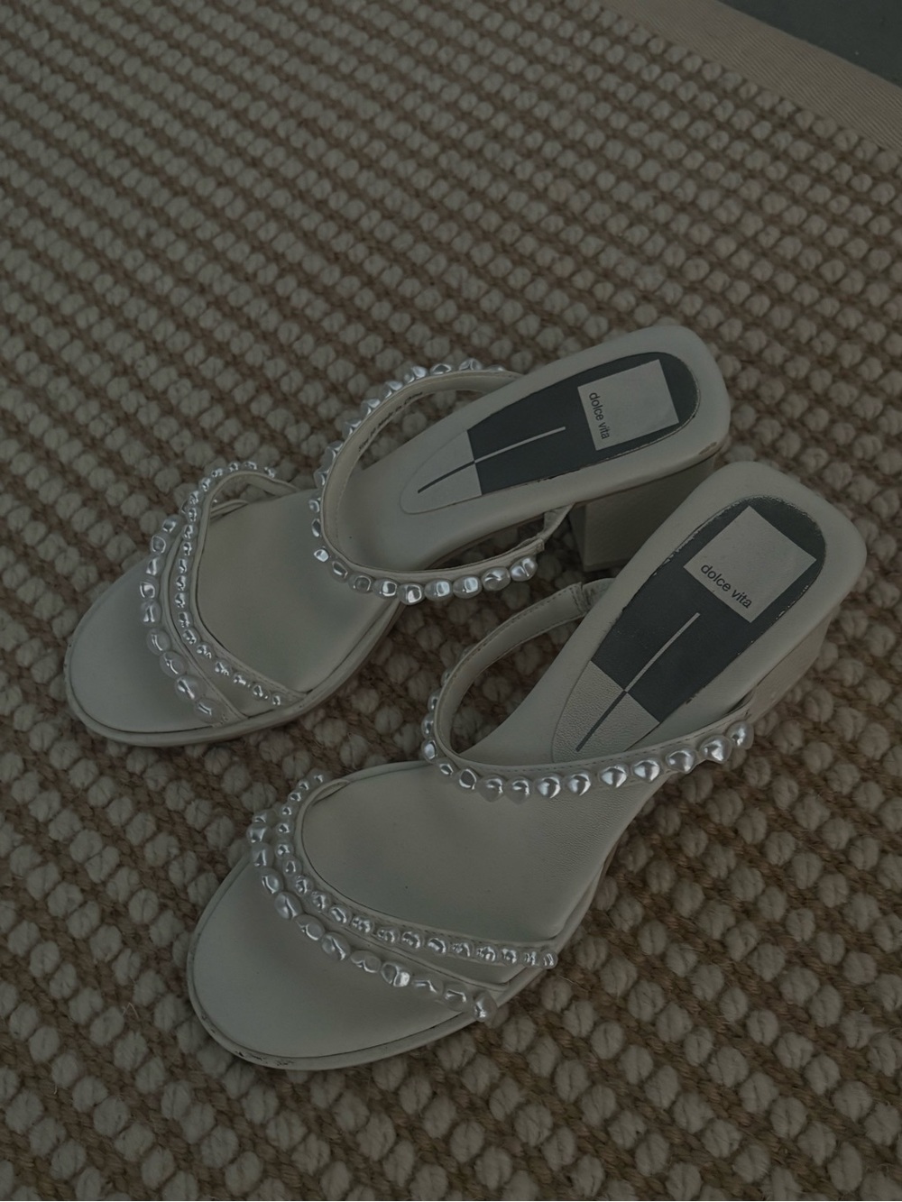 Dolce Vita Cream Pearl-Embellished Block Heel Sandals